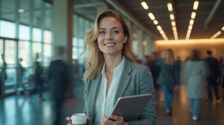 Portrait of smiling businesswoman using digital tablet in corridor at officeの素材
