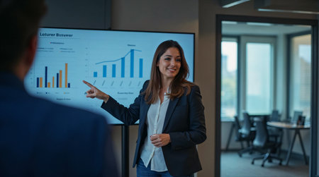 Businesswoman giving presentation to colleague in boardroom at office. Business people working and discussing together.の素材