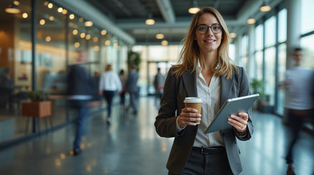 Portrait of smiling businesswoman holding coffee cup and digital tablet in officeの素材