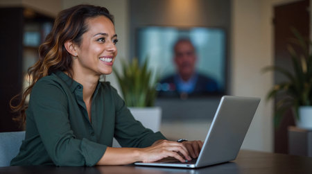 Portrait of smiling businesswoman using laptop at desk in the officeの素材