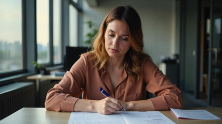 Portrait of young businesswoman writing notes while sitting at table in officeの素材