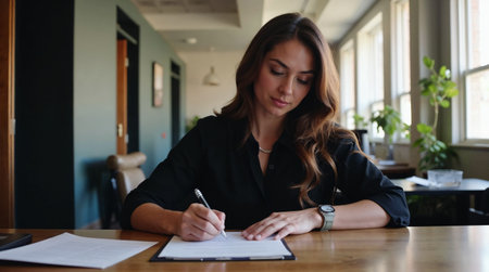 Young businesswoman writing on paper while sitting at table in cafe.の素材