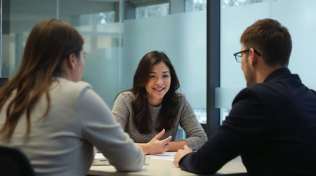Group of a young business people discussing business plan in the officeの素材