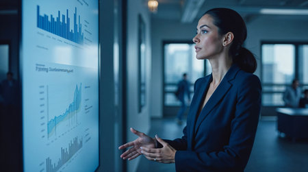 Portrait of businesswoman looking at infographs on wall in officeの素材