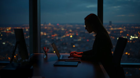 Young woman working at night in a dark office with a big city viewの素材