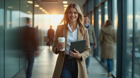 Portrait of a smiling businesswoman holding a coffee cup while standing in an office corridor.の素材