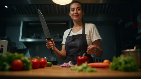 Young Asian woman cooking in her kitchen at home. Housewife holding a knife and cutting vegetables.の素材