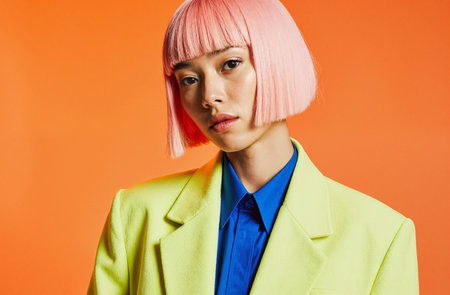 Fashionable young woman with pink hair in a yellow suit on an orange backgroundの素材