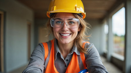 Portrait of female construction worker in helmet and glasses smiling at cameraの素材