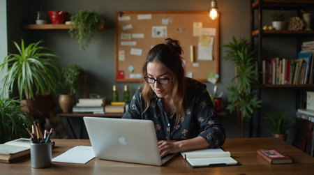 Freelance woman working on laptop at home office. Female freelancer in eyeglasses using computer at workplace.の素材