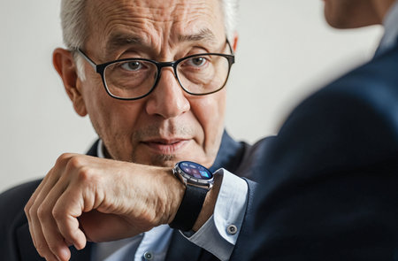 close up of senior businessman looking at wristwatch near colleague in officeの素材