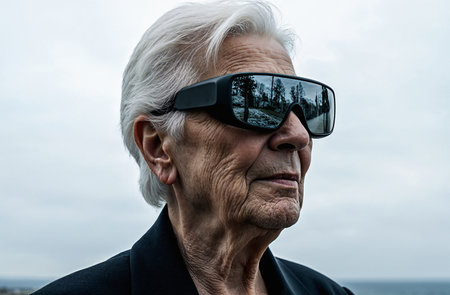 Portrait of senior man wearing virtual reality glasses against cloudy sky.の素材