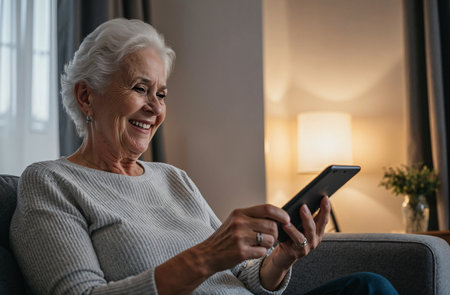 smiling senior woman using digital tablet while sitting on sofa at homeの素材