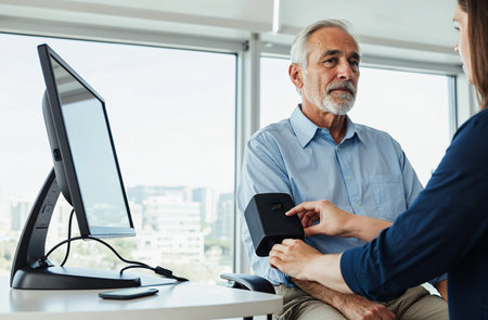 Senior businessman and young businesswoman working together in modern office. They are using a desktop computer and smilingの素材