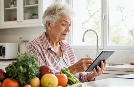 Senior woman using digital tablet in the kitchen at home. Healthy eating concept.の素材
