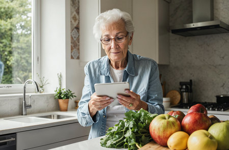 Image of senior woman in eyeglasses using tablet while cooking in kitchen at home.の素材