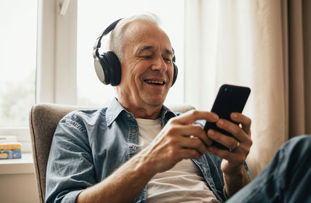 Happy senior man listening to music with headphones and using smartphone at homeの素材