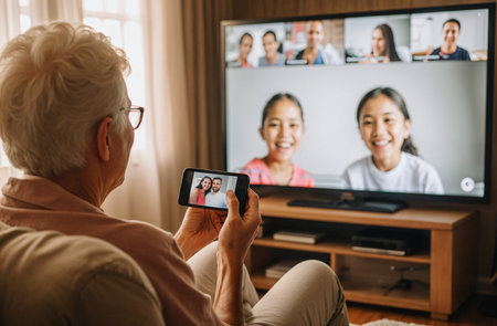 Elderly man taking photo of his family on smartphone at homeの素材
