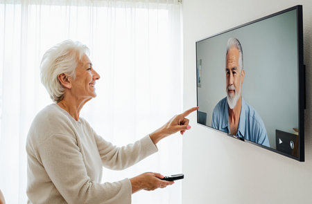 side view of senior woman with remote control pointing at tv screen at homeの素材