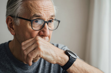 Portrait of senior man in eyeglasses looking at wristwatchの素材