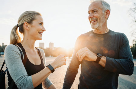 Senior couple jogging in the city at sunset. Healthy lifestyle.の素材