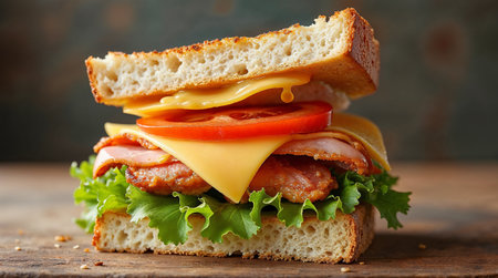Sandwich with bacon, cheese, tomato and lettuce on wooden tableの素材