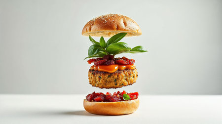 Hamburger with beef cutlet, tomato sauce and basil on white backgroundの素材