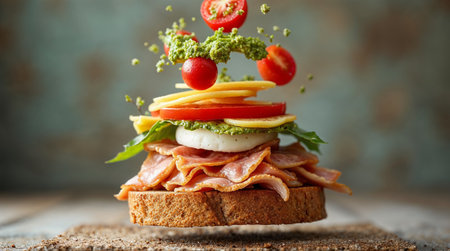 Sandwich with ham, cheese, tomato and pesto sauce on wooden backgroundの素材