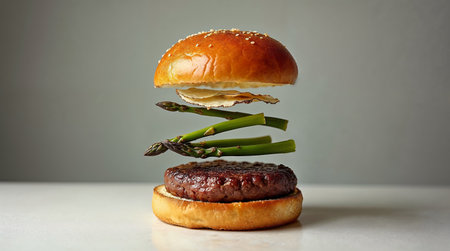Hamburger with asparagus on white table against gray backgroundの素材