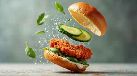 Sandwich with chicken cutlet, cucumber and basil on tableの素材