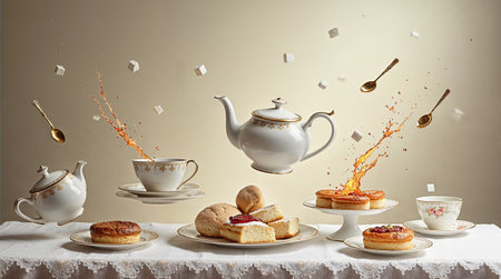 Collage with flying donuts, teapot and cups of teaの素材