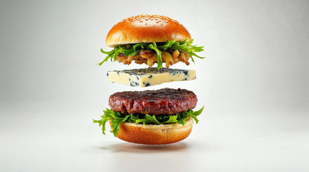 Two hamburgers with cheese and arugula on white backgroundの素材