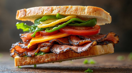 Sandwich with bacon, cheese and vegetables on a wooden background.の素材