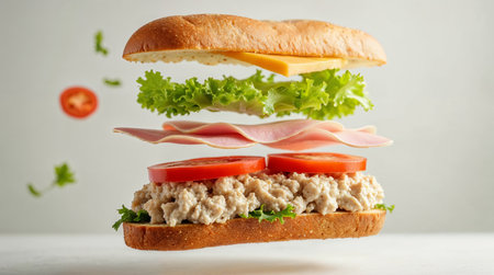 Tuna sandwich with lettuce, tomato, cheese and ham on white backgroundの素材