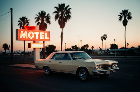 Old American car at sunset.の素材