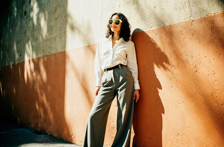 Outdoor fashion portrait of young beautiful happy woman in sunglasses, wearing white shirt and pants.の素材