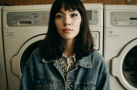 Portrait of a beautiful brunette woman in a denim jacket near the washing machineの素材