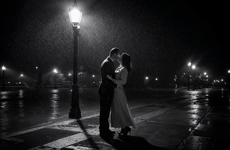Wedding couple in the rain. Black and white photo.の素材