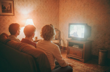 Couple watching tv at home. Back view of man and woman sitting on sofa and watching television.の素材