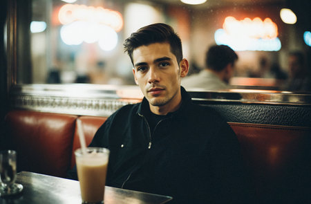 Handsome young man sitting in a cafe and drinking coffee.の素材