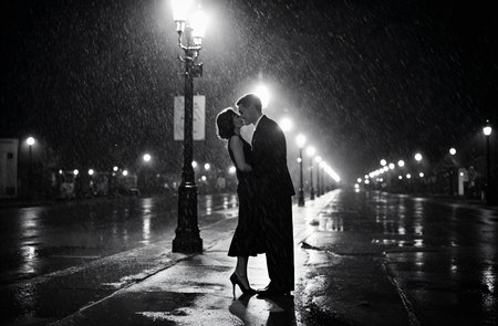 Wedding couple kissing under the rain on the street at nightの素材
