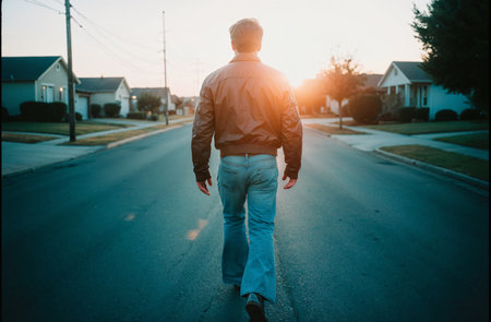 Rear view of a man walking on the street at sunset.の素材