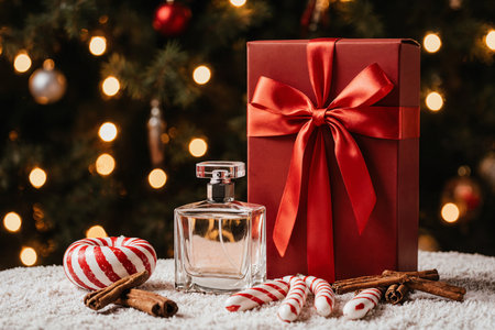 Gift box with perfume and cinnamon sticks on snow near christmas treeの素材