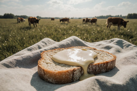 Sandwich with cream cheese on a green meadow with cows in the backgroundの素材