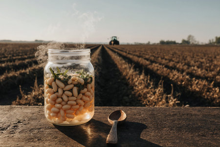 White beans in glass jar on the background of the field and tractorの素材