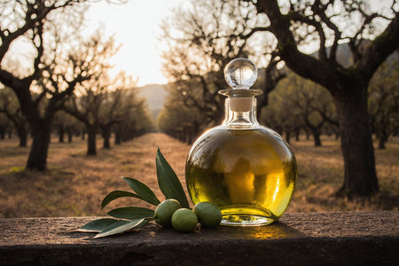 Olive oil in a bottle and olives on a wooden tableの素材