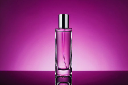 Perfume bottle on a purple background. Beauty and fashion concept.の素材