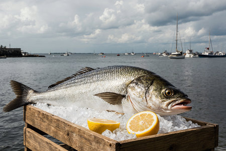 Fresh sea bass fish on ice with lemon and boats in the backgroundの素材