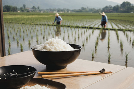 Rice in black bowl on wooden table with rice farm background.の素材