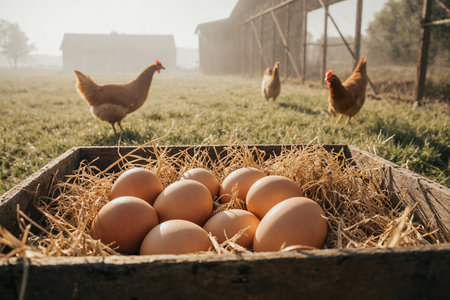 Eggs in a wooden box on the background of chickens on the farmの素材